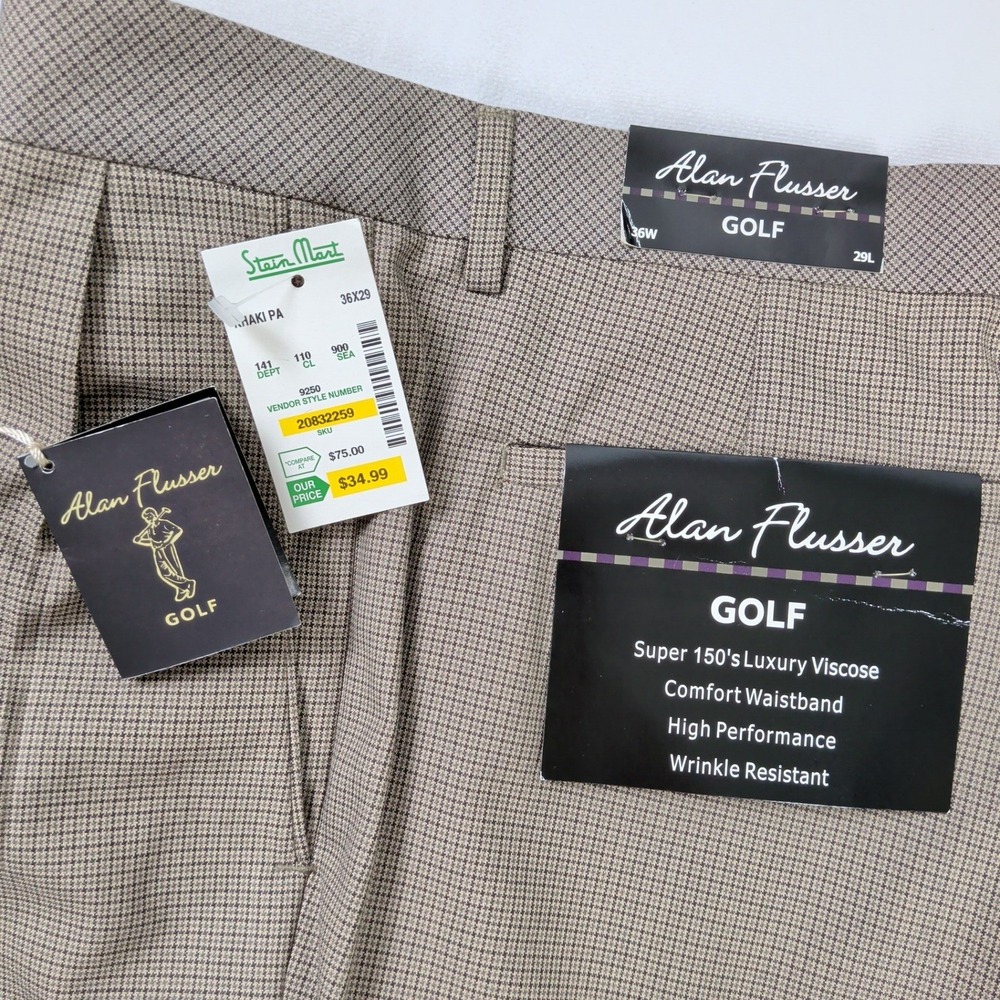 NWT Alan Flusser Golf Pants Mens 36x29 Khaki Micro Check Pleated Trousers